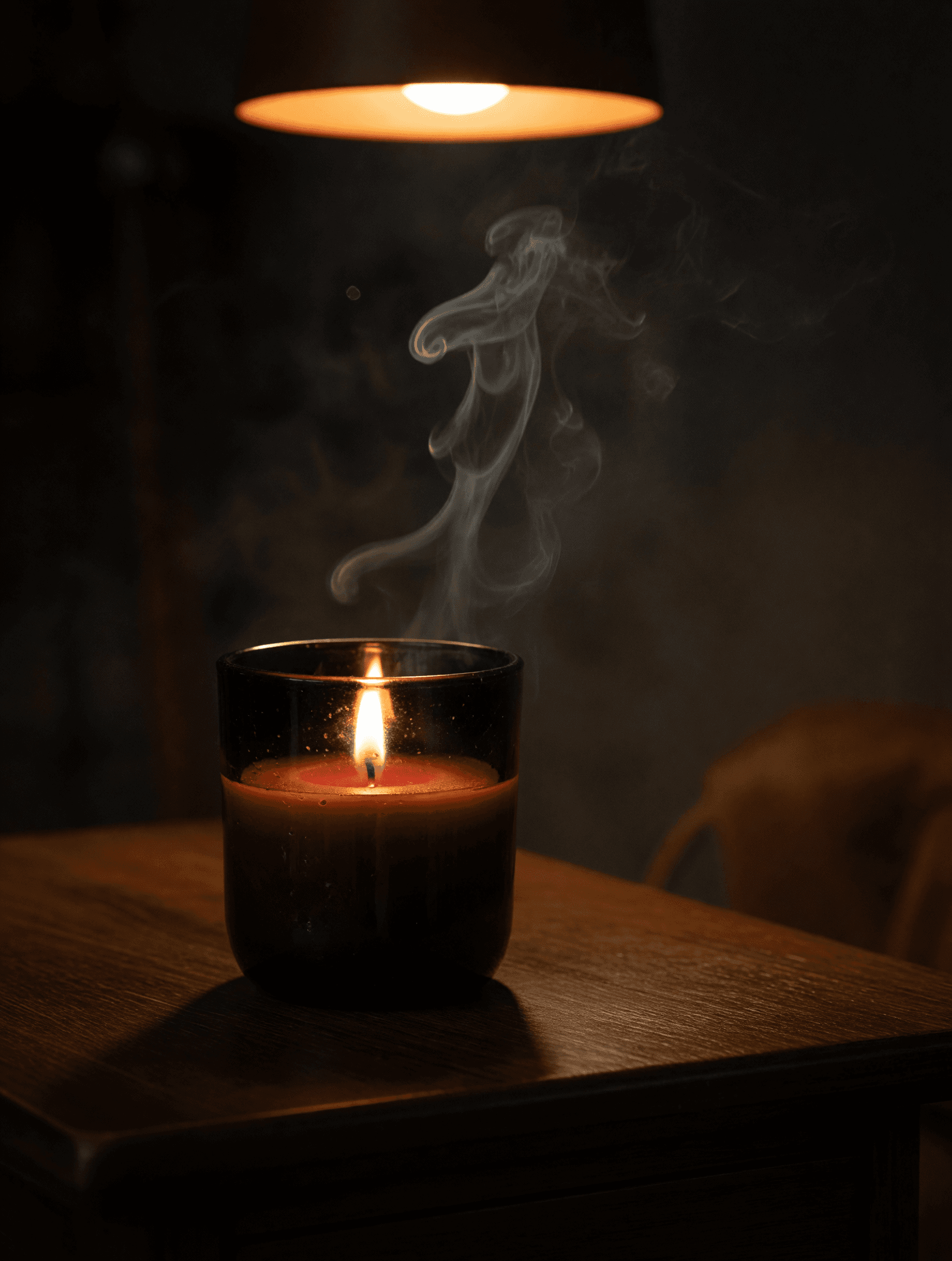 Atelier 6 — a lit black candle on a workbench with leather and brass.