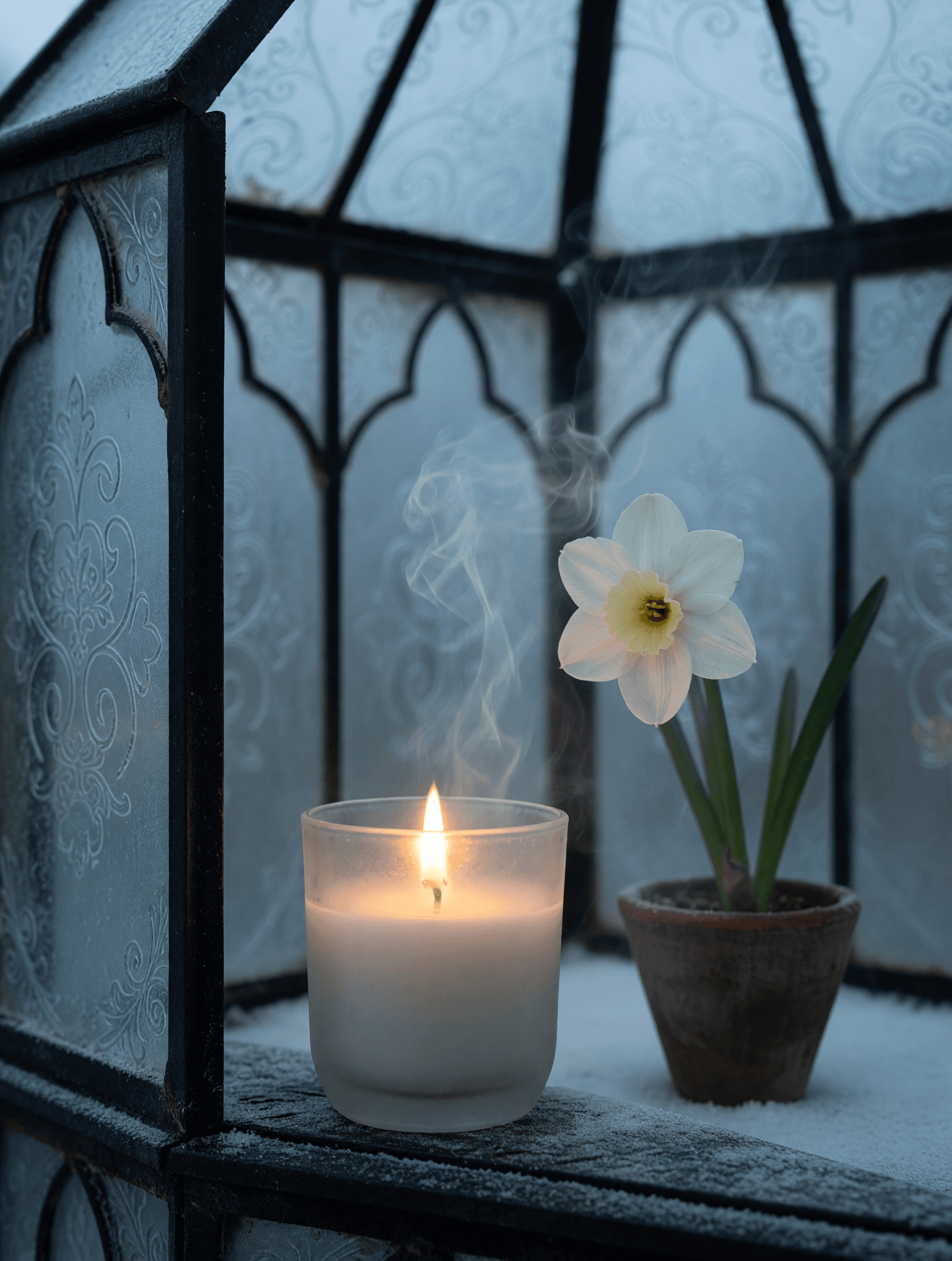 Jardin d'Hiver — a lit candle in frosted glass in a winter glasshouse.